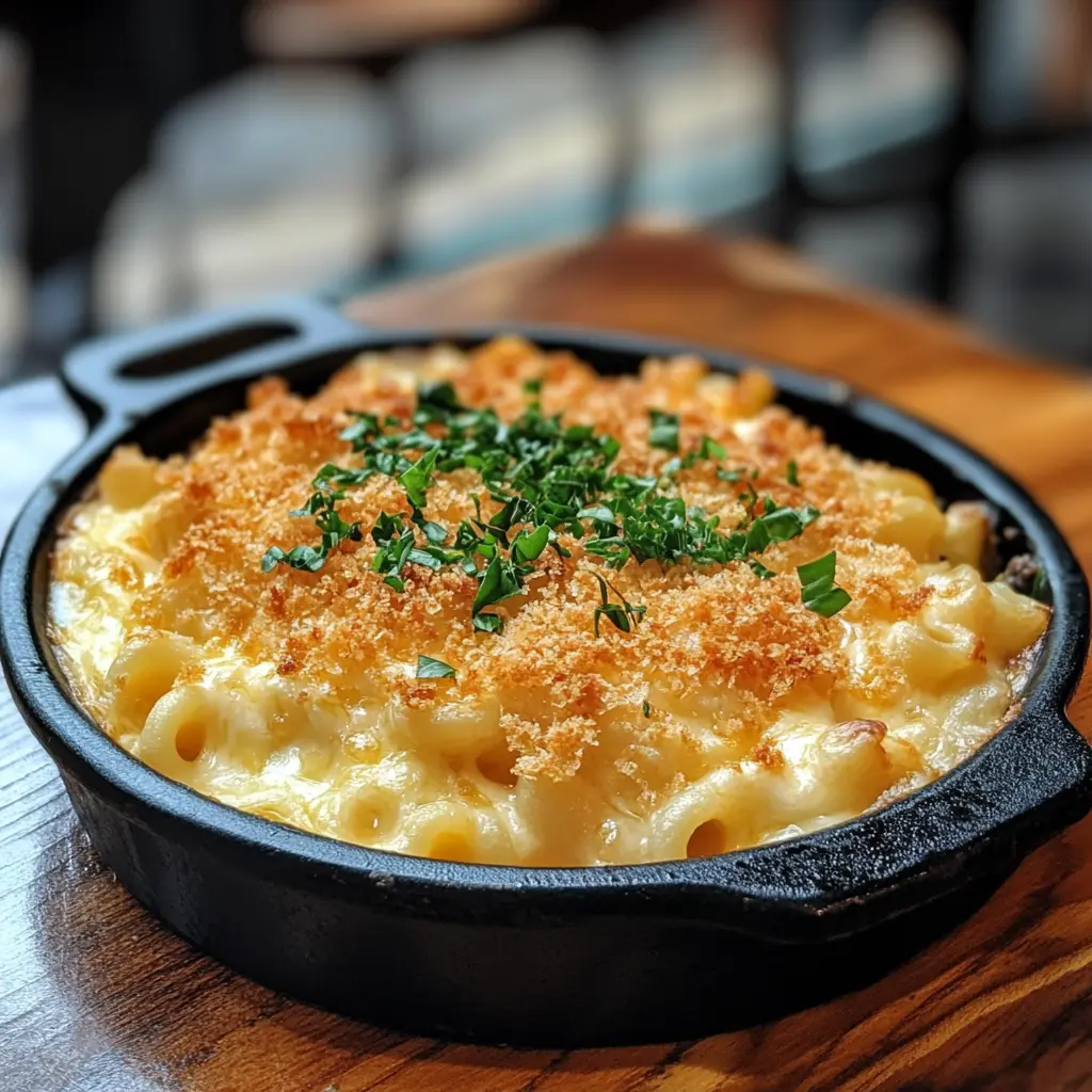 Baked white cheddar mac and cheese casserole.
