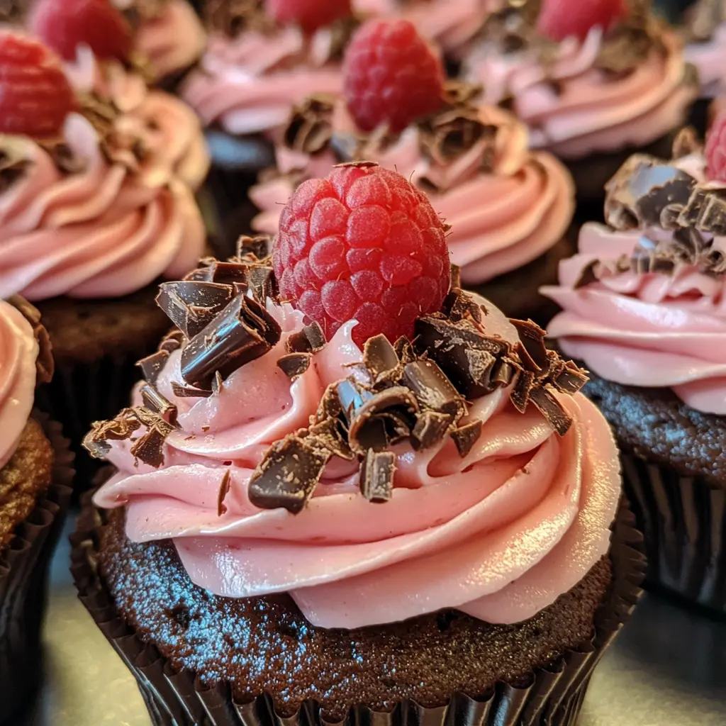 chocolate-raspberry-cupcakes-decorated Decorated chocolate raspberry cupcakes with frosting and raspberries