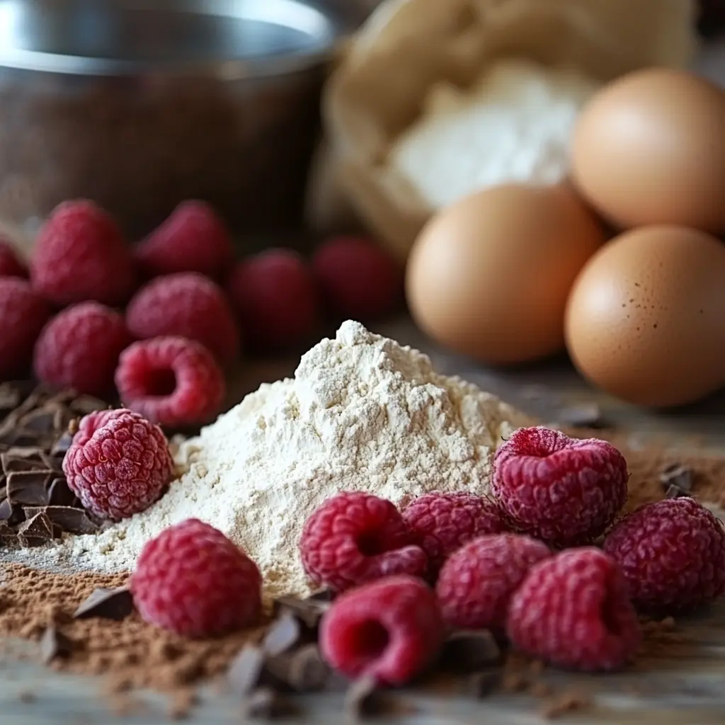 chocolate-raspberry-cupcakes-ingredients Ingredients for chocolate raspberry cupcakes on kitchen counter