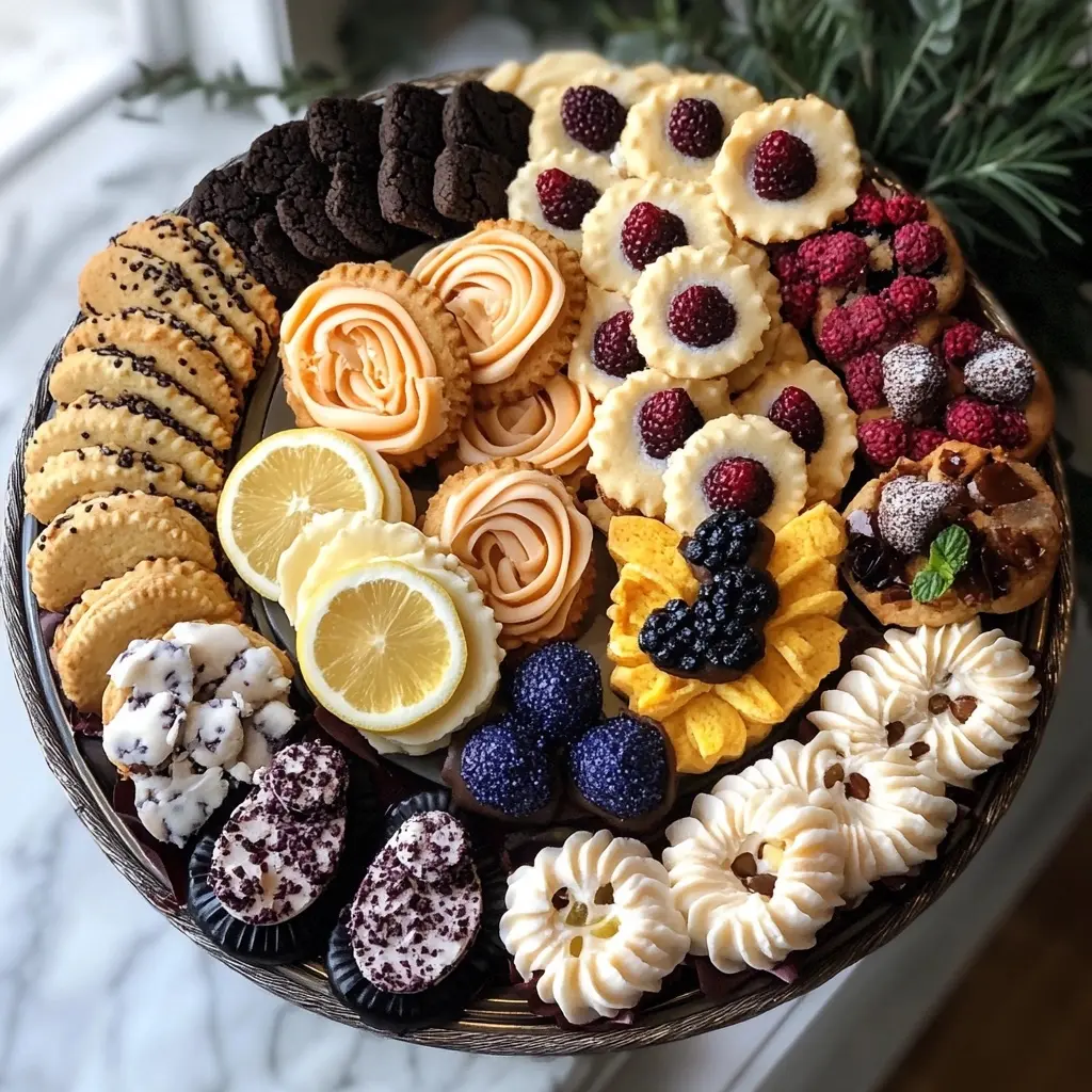 A platter of assorted cookies including lemon blueberry cookies.