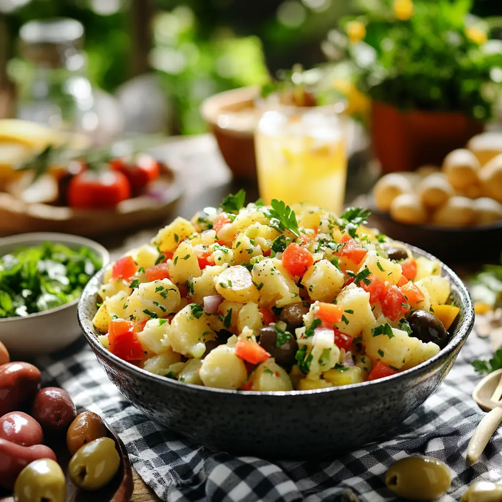 Healthy potato salad with fresh vegetables