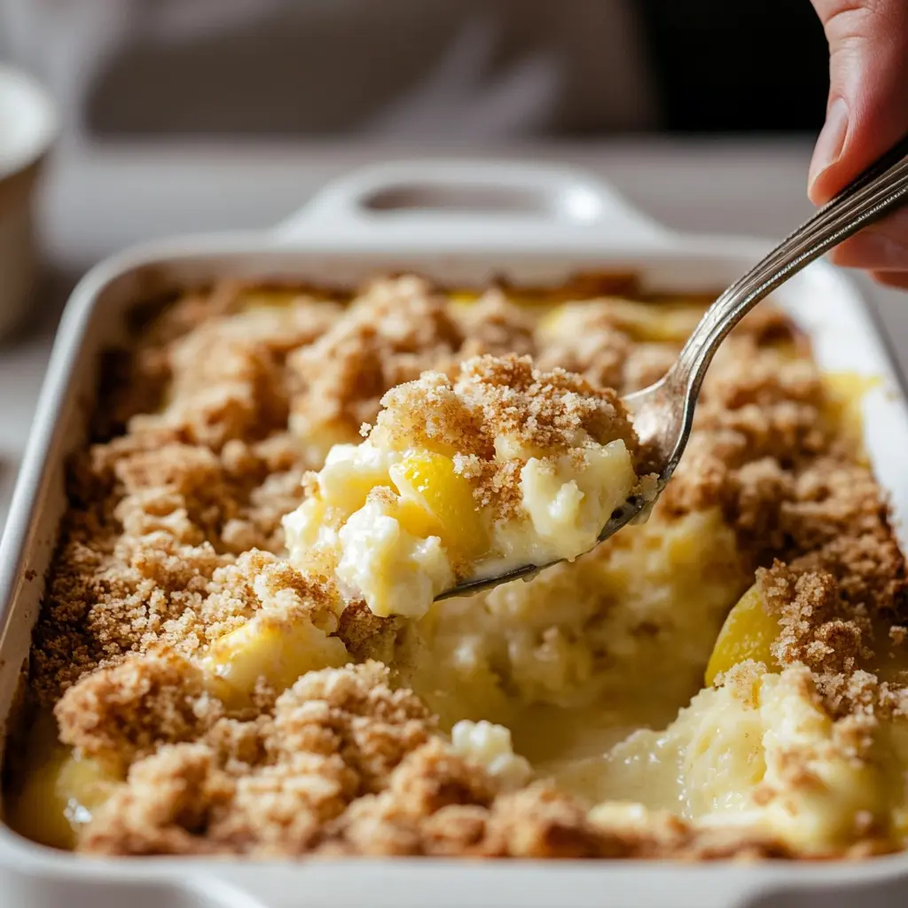erving-lemon-dump-cake Serving lemon dump cake from baking dish, gooey filling and crumbly topping.