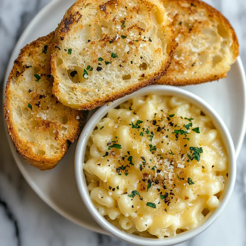Garlic bread served with white cheddar mac and cheese.