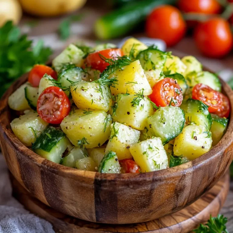 Healthy potato salad with fresh vegetables.