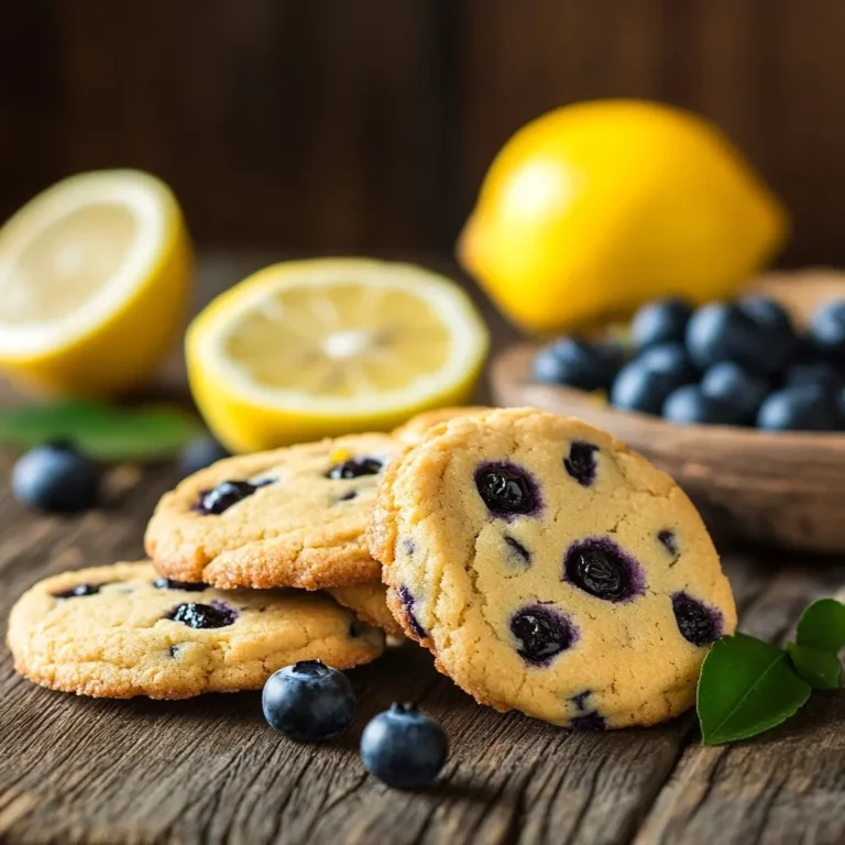 Freshly baked lemon blueberry cookies on a wooden table.