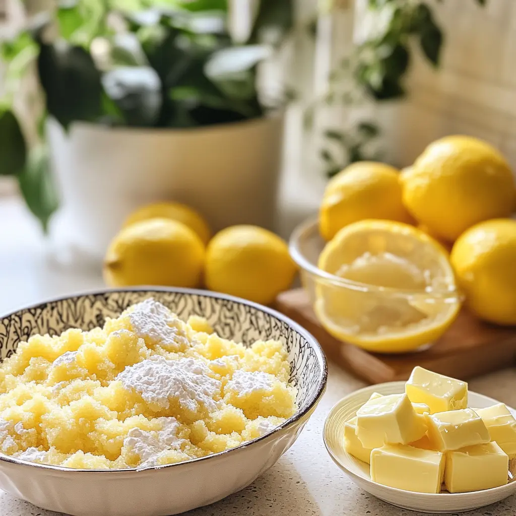lemon-dump-cake-ingredients Ingredients for lemon dump cake: lemon pie filling, cake mix, melted butter.