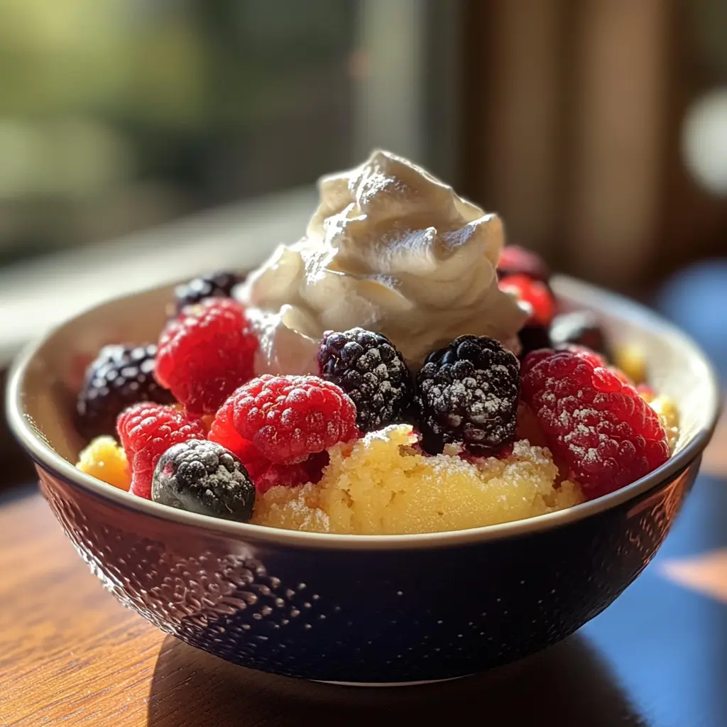 lemon-dump-cake-with-berries Lemon dump cake with berries and whipped cream, served in a small bowl.