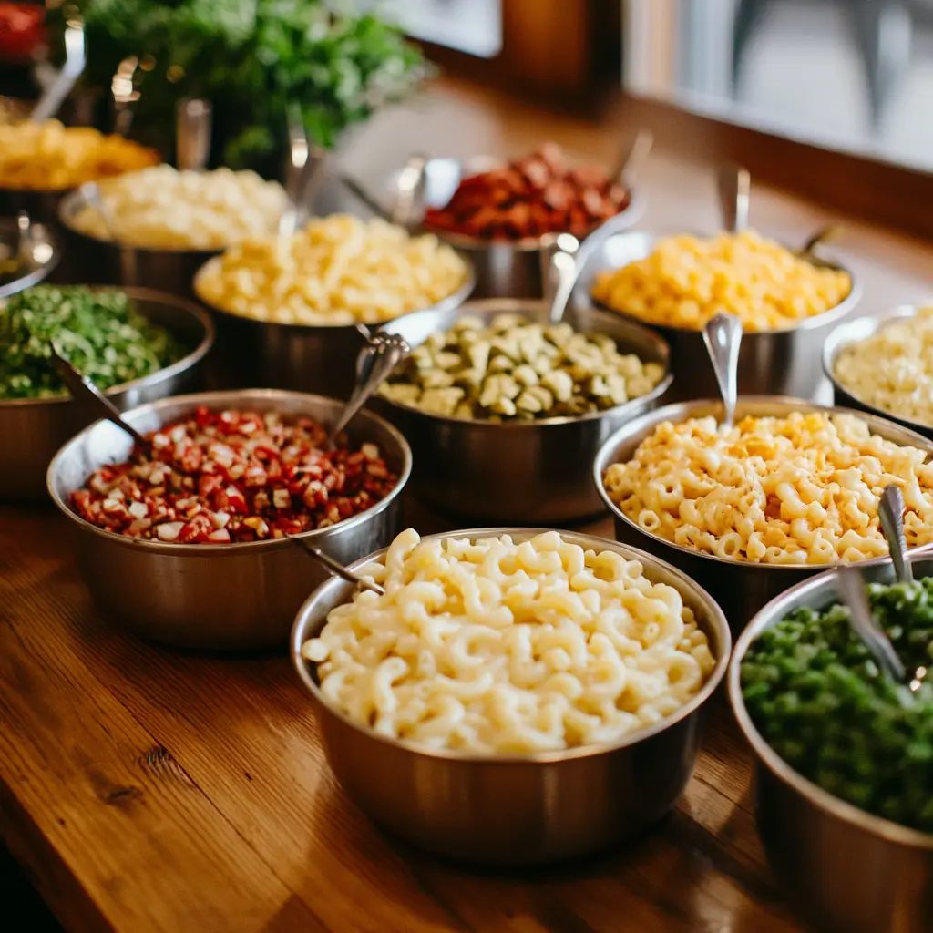 Mac and cheese bar with toppings.