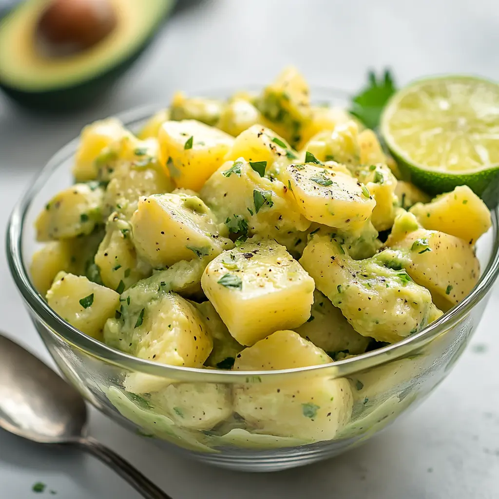 Mayo-free potato salad with avocado.