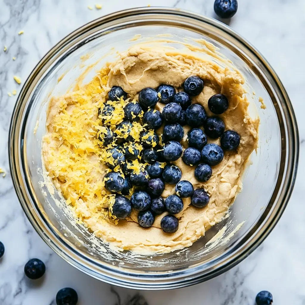 Mixing lemon blueberry cookie dough in a bowl.