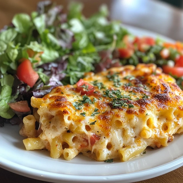 Pizza Mac and Cheese served with a side salad.