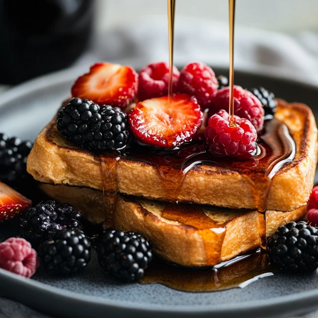 Protein French Toast topped with berries and syrup