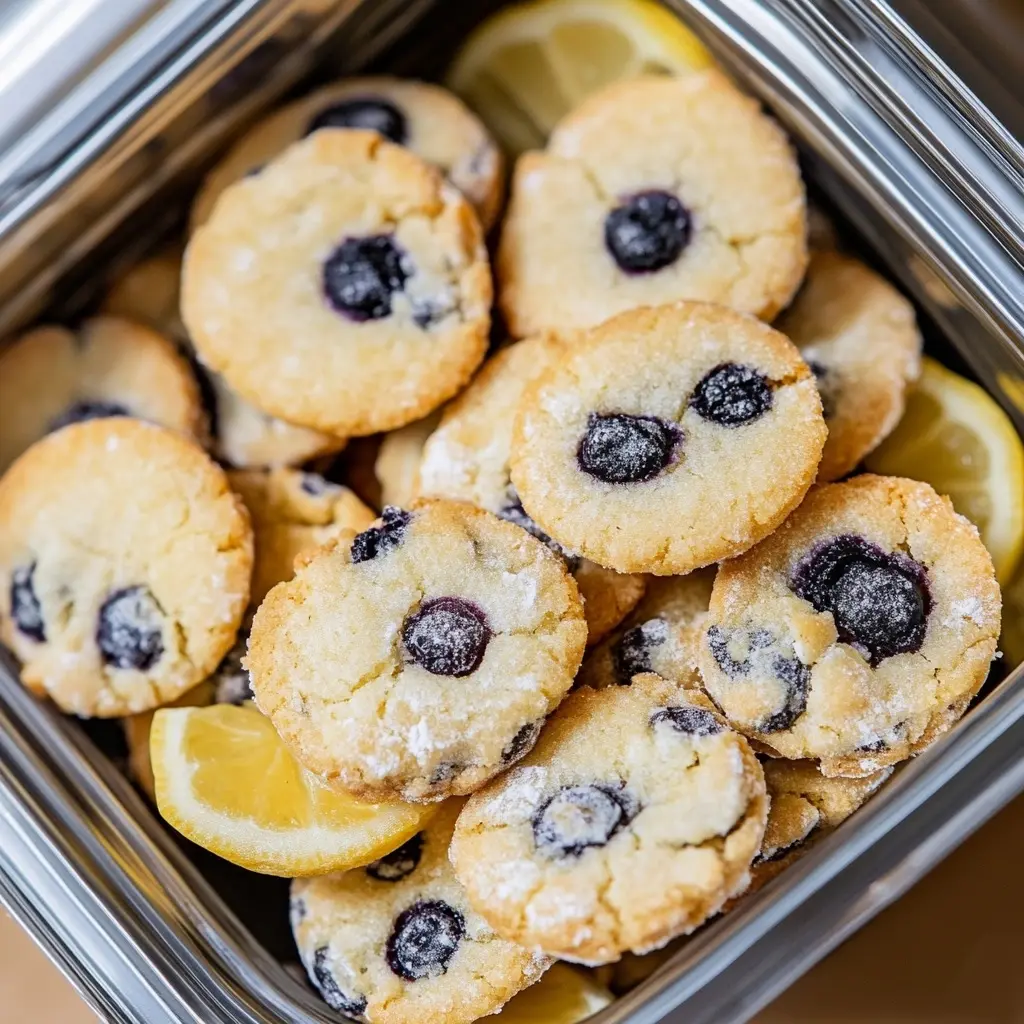 Lemon blueberry cookies stored in an airtight container.
